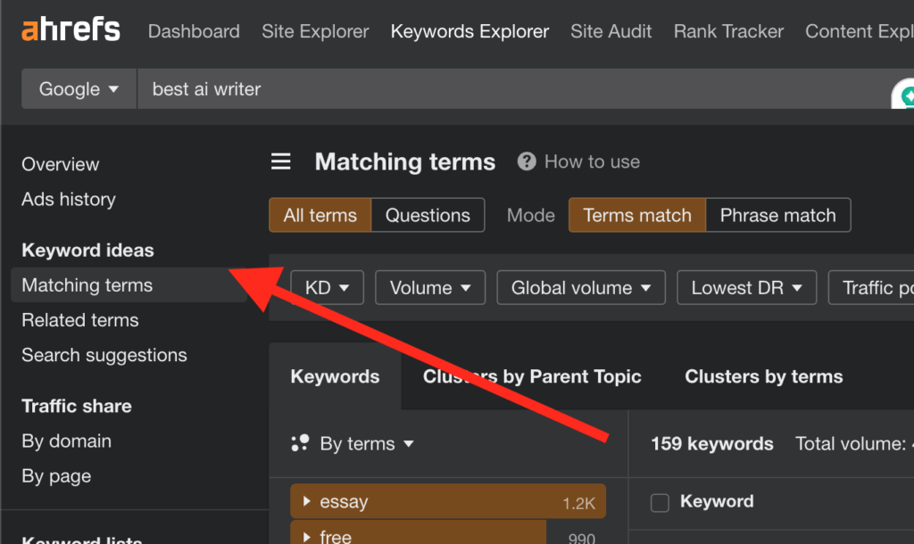 Find Low Difficulty Keywords and matching terms in ahrefs